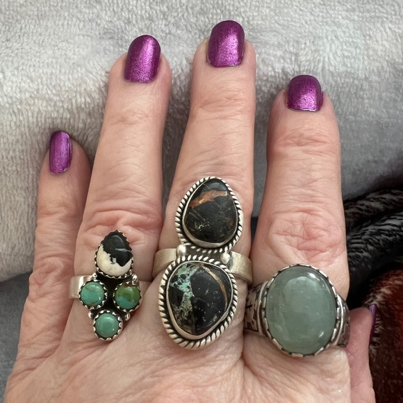 ❤️ Rare Black Jack Turquoise 2 Stone 926 Adj Size 8.25 Navajo Ring 9.5gm Unisex - Picture 3 of 11